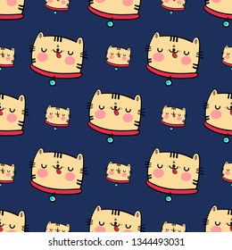 funny cat seamless pattern on blue background,