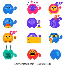 Funny cat set, cut icons or stickers with cats in simple flat design, in bright colors. Vector isolsted illustrtion.