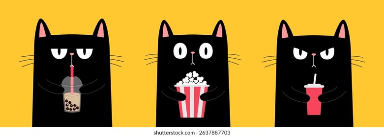 Funny cat set. Popcorn, soda, bubble milk tea. Kitten watching movie. Cute cartoon character. Film show. Cinema theater. Kids sticker print. Childish style. Flat design. Yellow background. Vector
