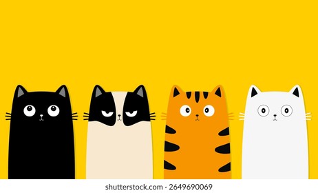 Funny cat set. Surprised, sad angry face head. Black kitten with big eyes. Cute kawaii pet animal icon. Cartoon funny baby character. Pink ears, nose, cheek. Flat design. Yellow background. Vector  
