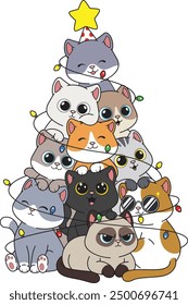 Funny cat shaped xmas tree, formed by cats sitting on top of each other, tangled in Christmas lights. Vector illustration.