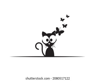 Funny cat silhouette cartoon illustration and butterflies, vector. Cute childish wall decals isolated on white background. Cartoon character art design. Wall art, artwork