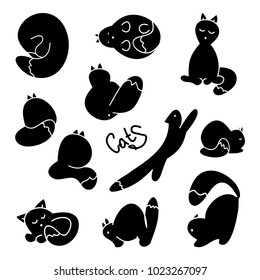 Funny cat silhouette, set of vector illustration of Doodle kittens