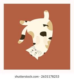 Funny cat in silly pose on brick-colored background. Amusing vector illustration for pet products, social media memes, and wall decor.