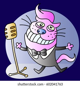 Funny cat singing a song. Cartoon character. Vector illustration.