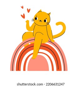 Funny cat sit on rainbow. Positive Abstract illustration, good vibes sticker design