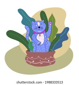 Funny cat sits in a flower pot. Pet character sketch sketch. Vector illustration cartoon flat style