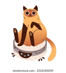 A funny cat sits on a robot vacuum cleaner.  Flat vector illustration of cute cat and technology.