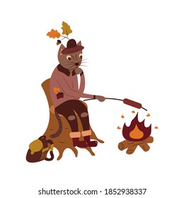 Funny cat sits on a stump and fries a sausage over the fire. Hat with oak leaves, backpack. Colorful isolated vector illustration in cartoon style. Children book illustration. Card or poster