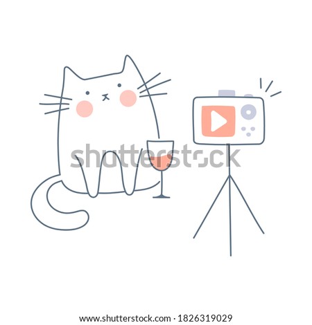 A funny cat sits with wine in front of the camera, makes a photo, selfie, video streaming or recording podcast. Cute isolated smiley vector illustration on white