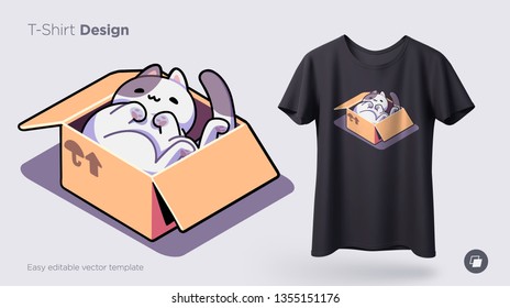 Funny cat sitting in cardboard box. Print on T-shirts, sweatshirts, cases for mobile phones, souvenirs. Vector illustration