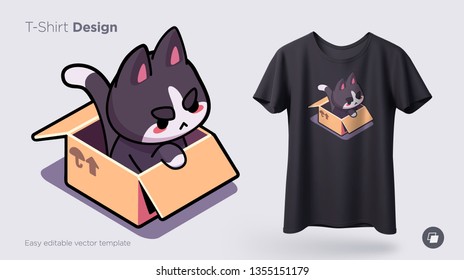 Funny cat sitting in cardboard box. Print on T-shirts, sweatshirts, cases for mobile phones, souvenirs. Vector illustration