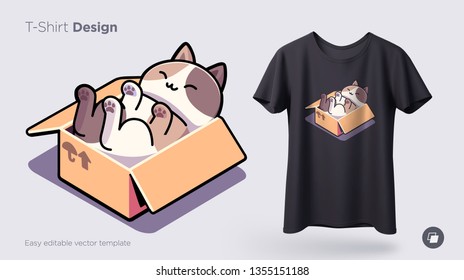 Funny cat sitting in cardboard box. Print on T-shirts, sweatshirts, cases for mobile phones, souvenirs. Vector illustration