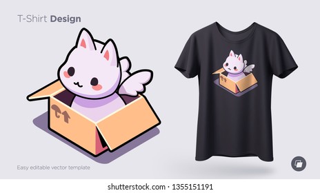 Funny cat sitting in cardboard box. Print on T-shirts, sweatshirts, cases for mobile phones, souvenirs. Vector illustration