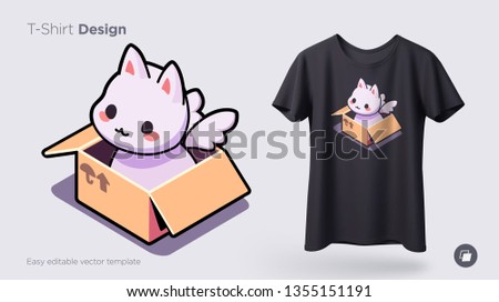Funny cat sitting in cardboard box. Print on T-shirts, sweatshirts, cases for mobile phones, souvenirs. Vector illustration
