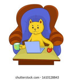 Funny cat sitting in chair, working on computer with mouse and drinking milk. Vector color cartoon image.