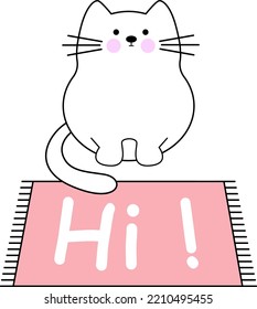 A funny cat is sitting in front of a mat with the inscription HI ! . Cute isolated vector illustration on white.