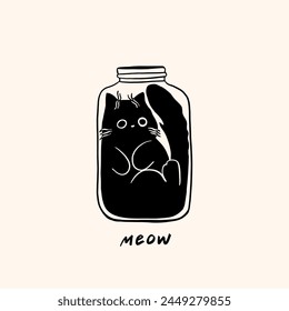 Funny cat sitting in a glass jar. Funny trend vector illustration.