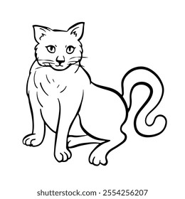 Funny cat is sitting and looks ahead. Free hand Fat cute domestic pet illustration. Trendy doodle icon. Sketch style crooked vector.