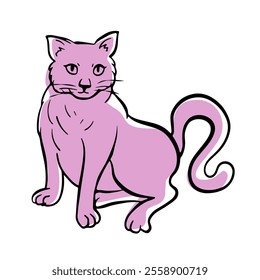 Funny cat is sitting and looks ahead. Free hand Fat cute domestic pet illustration.