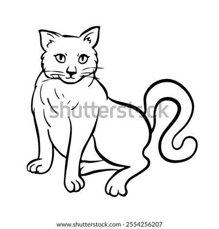 Funny cat is sitting and looks ahead. Free hand Fat cute domestic pet illustration. Trendy doodle icon. Sketch style crooked vector.