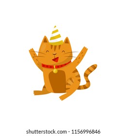 Funny cat sitting on the floor in party hat, cute domestic pet animal cartoon character vector Illustration on a white background