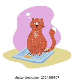 Funny Cat is sitting on a newspaper, magazine. Vector illustration isolated cartoon line style 