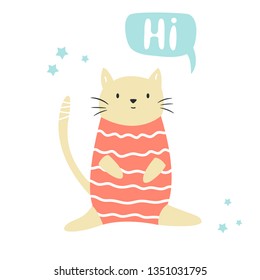 Funny cat sitting in a swimming costume. Isolated scandinavian cartoon