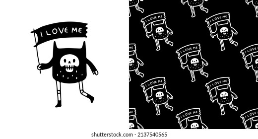 Funny cat skull with i love me flags typography on black background seamless pattern. Modern vintage, pop art style seamless pattern concept.