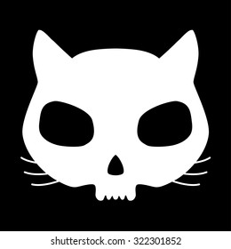 Funny cat skull silhouette in white over black.