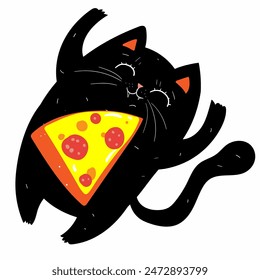 Funny cat sleeping in a box from under the pizza. Fat cat in cartoon style. Vector illustration.