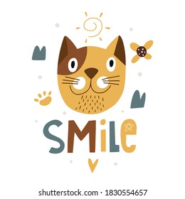 Funny cat, smile, clipart with typography. Modern baby print. Vector cartoon illustration. 