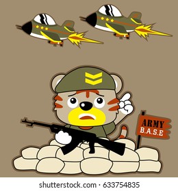 funny cat soldier holding weapon with flying fighter jet, vector cartoon