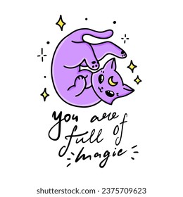 Funny cat of a sorceress, a wizard with magic lettering. Enchanted. Moon symbol in the forehead. The witch's assistant. A graphic element of Halloween. Vector illustration of witchcraft, black magic.