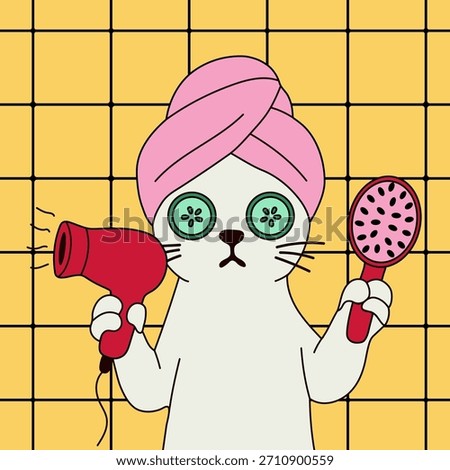 Funny Cat Spa Day Cartoon with Hair Dryer and Brush