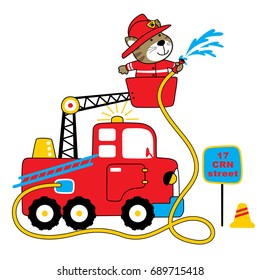 Funny cat spraying water from firetruck, vector cartoon illustration