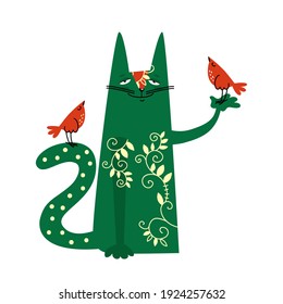 Funny cat with spring pattern on his body. Birds sitting on his paw and his tail.  Art vector colorful illustration, ornamental animal cat and birds isolated on white. Decorftive elements, flat design