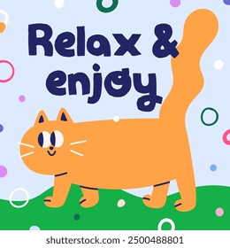 Funny cat, square card design in kids doodle humor style. Cute kitty walking, feline animal, creative adorable kawaii postcard background with phrase. Childish flat graphic vector illustration