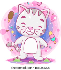 Funny cat standing and smiling with ice cream background of illustration