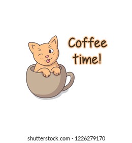 Funny cat sticker coffee time vector