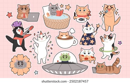 Funny cat sticker. Cute pet. Kitty sleeping. Cartoon character eating or working at laptop. Play in smartphone. Psychedelic UFO. Fluffy kitten alien party. Kawaii animal life. Vector feline icons set