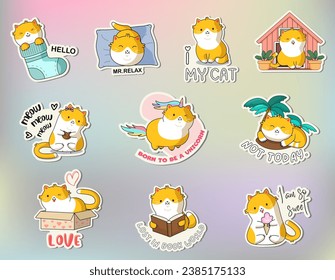 Paquete de emoticones para gatos. Cute gatos Kawaii en graciosas poses. Diseño de stickers de gatos de dibujos animados. Animales kawaii adorables.