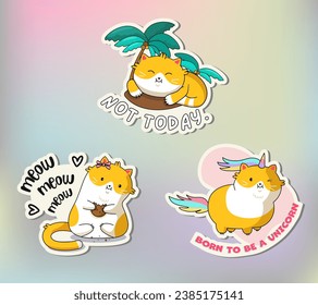 Funny cat sticker pack. Cute Kawaii Cats in funny poses. Cartoon cats sticker design. Adorable kawaii animals.