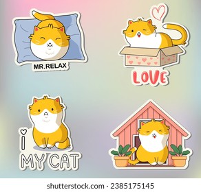 Funny cat sticker pack. Cute Kawaii Cats in funny poses. Cartoon cats sticker design. Adorable kawaii animals.