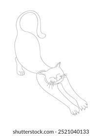 El gato gracioso se estira, se estira con los ojos cerrados. Ilustración vectorial en el estilo de una sola línea aislada sobre un fondo blanco