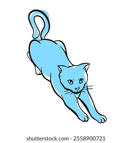 Funny cat is stretches his paws forward. Free hand Fat cute domestic pet illustration.