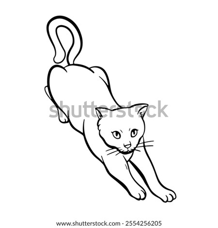 Funny cat is stretches his paws forward. Free hand Fat cute domestic pet illustration. Trendy doodle icon. Sketch style crooked vector.