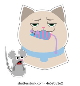 Funny cat with a striped toy mouse in his mouth and surprised gray mouse. Cute cartoon character. Vector illustration Isolated on white background.