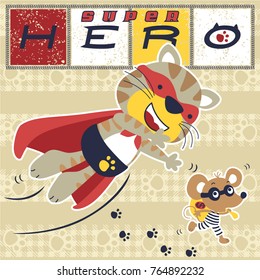 funny cat in  super hero costume chasing a mice the thief, vector cartoon illustration