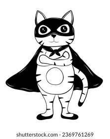 Funny cat super hero with mask and bat in doodle simple style